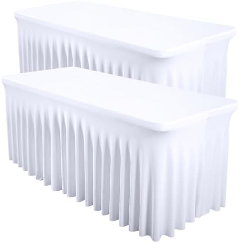 Shillance 2 Packs White Spandex Table Covers 6 Foot, Fitted Stretch Table Cloth with Skirts 72x30 Inch, Wrinkle-Free Floor Length Rectangle Tablecloths for Weddings Parties Banquets Events by Shillance