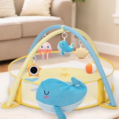 7-in-1 XL Large Baby Play Gym Mat, Tummy Time Mat, Baby Gym & Ball Pit, Baby Activity Mat with Milestone Cards & 6 Detachable Toys for Sensory Motor Skill, Whale - Image 7