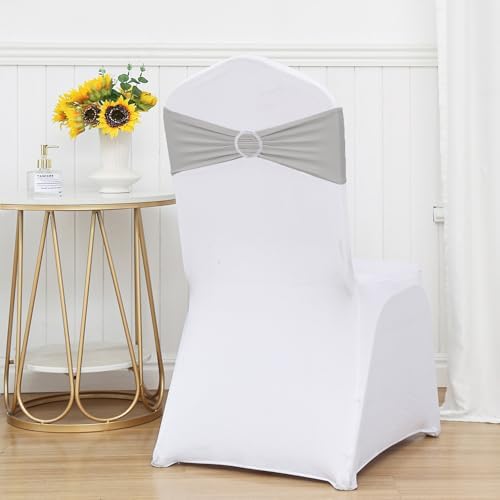 50 Pack Spandex Silver Grey Chair Sashes Bows Stretch Chair Bands with Buckles Universal Elastic Chairs Ties for Party Celebration Ceremony Events Wedding Decorations - Image 4