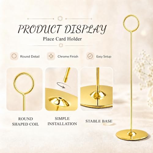 Urban Deco 24PK Table Number Holders Place Card Holders 12 Inch Table Card Holders Steel Card Holders for Photos, Food Signs, Memo Notes, Weddings, Restaurants, Birthdays (Gold 24PK) - Image 2