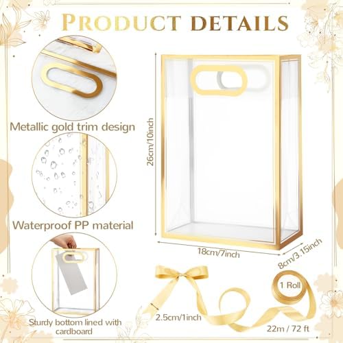 Aliceset 24 Pcs Clear Plastic Gift Bag with Handles,Gold Foil - Image 2