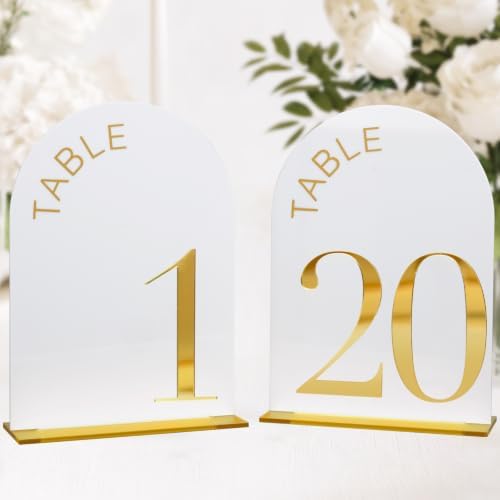 White Arch Wedding Table Numbers 1-20, Gold Numbers and Stands by JINMURY