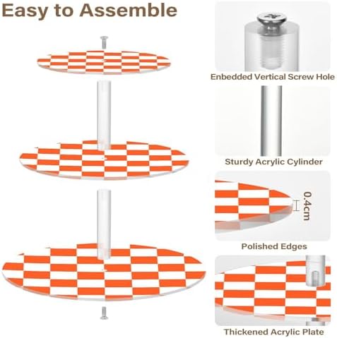 J JOYSAY Chess Checkerboard Orange White Pattern Acrylic Cupcake Stand 3 Tier Dessert Table Display Set Clear Cake Stands for Party Baby Shower Wedding Decorations Easy Assembly Macaron Tower - Image 2