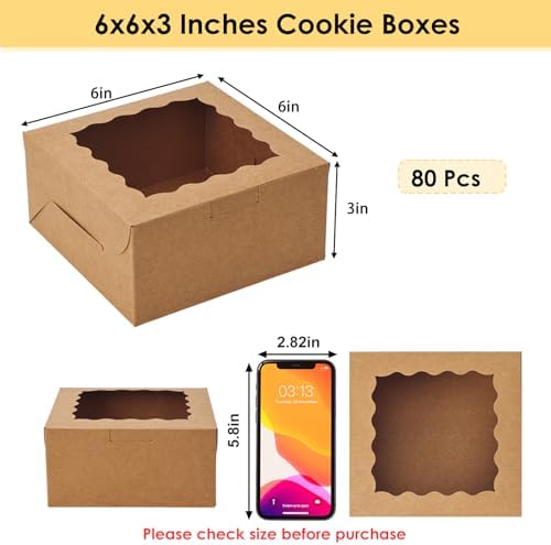 Moretoes 80pcs Cookie Boxes with Window, 6x6x3 Inches Brown Bakery Boxes - Image 2