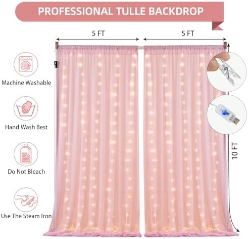 10x10FT Pink Wrinkle Free Backdrop Curtains with Lights String for Parties - Photo Curtain Backdrop with Lights for Wedding Decorations, Bridal Baby Shower Birthday Party Photography Background - Image 6