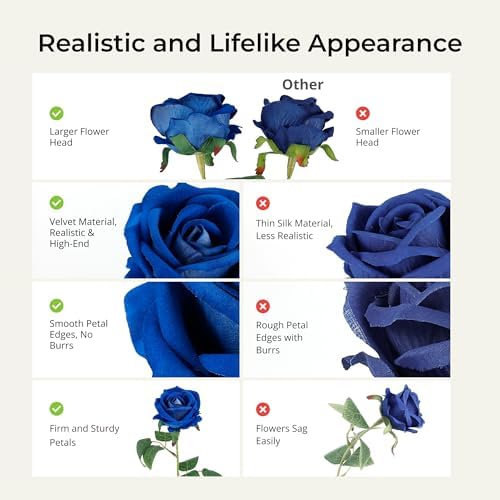 Auihiay 104PCS Blue Roses, Realistic Silk Velvet Blue Artificial Flowers - Image 4