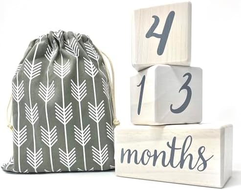 Pondering Pine Baby Milestone Blocks - Natural White Stain Pine Wood with Weeks Months Years Grade - Milestones Age Block Set with Bag, Newborn Weekly Monthly First Year Picture Props, Earth Friendly by PonderingPine