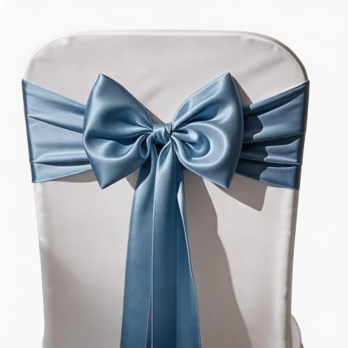 Pack of 50 Satin Dusty Blue Chair Sashes Bows 7x108 Inch Chair Ribbons - Image 4