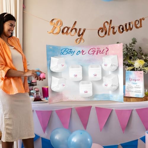 Ctosree 31 Pieces Gender Reveal Baby Shower Diaper Game 1 Diaper Baby Shower Game Board 7 Diapers 10 Plastic Balls 1 Organza Bag for Bridal Games Boy Girl - Image 2