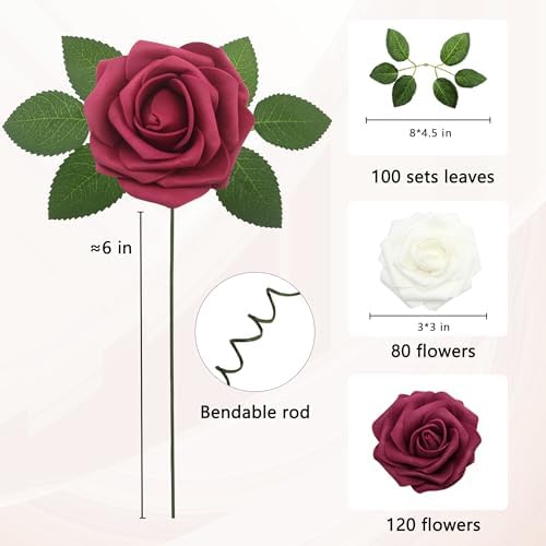 Artificial Flowers Realistic Roses, Real Looking Fake Roses with Stem for DIY Wedding Bouquets Centerpieces Bridal Shower Party Home Romantic Decorations (White & Wine Red, Regular 3" - 200pcs) - Image 2
