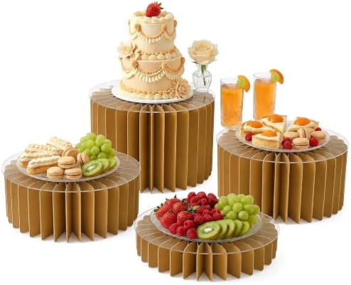 iobiotio Foldable Cake Stand, Reusable Buffet Risers, 4 Pack Round Dessert Stands with Acrylic Tops, Cardborad Display Stands for Weddings, Birthdays, Baby Showers, Parties, Home Decor, Caramel Brown by iobiotio