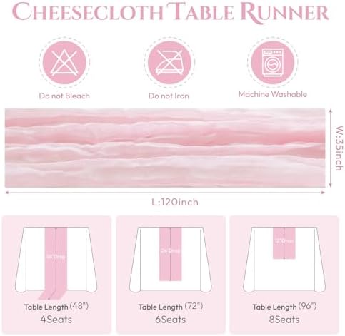 Sioloc 5 Pack Light Pink Cheesecloth Table Runner 120'' x 35'',Spring Easter Decor Soft Gauze Boho Wedding Table Decor for 10ft Table Birthday Party,Baby Shower, Bridal Shower, Home & Event Decor - Image 6