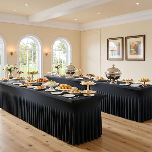 Black Spandex Tablecloth for 8 Foot Rectangle Tables, 6 Pack Black Wrinkle Free Fitted Table Cloths 8ft Stretchy Banquet Table Clothes Cover Desk Skirt for Birthday Wedding Parties Baby Shower - Image 4