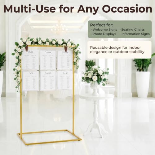 Wedding Welcome Sign Stand, 50" Standard Height - Gold Metal Sign Holder with 6 Leather Straps, Easel Stand for Seating Charts & Event Décor - Image 5