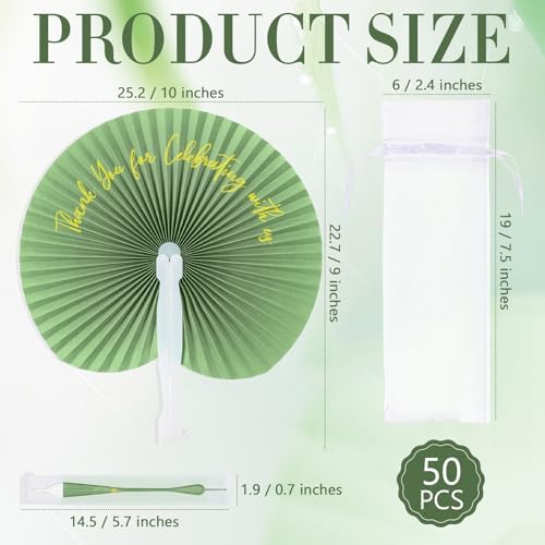 Suzile 50 Pcs Wedding Paper Fans Round Handheld Folding Fans Foldable Fans for Wedding with Plastic Handle and Yarn Bag Thank You for Celebrating with Us for Anniversary Guests Party (Sage Green) - Image 2