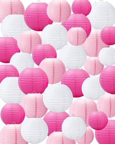 Treela 48 Pcs Paper Lanterns Party Decorations Round, Pink,White by Treela