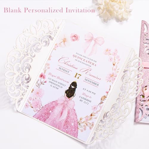 25 PCS Pink Personalized Glitter Laser Cut Wedding Invitation Pockets - Image 3