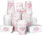 Vesici 60pcs 14oz Pink Disposable Coffee Cups with Lids and Sleeves Pink Toilet Coffee Cups Botanical Floral Paper Cup for Summer Birthday Weddings Bridal Shower Tea Party Supplies by Vesici