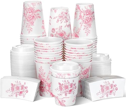 Vesici 60pcs 14oz Pink Disposable Coffee Cups with Lids and Sleeves Pink Toilet Coffee Cups Botanical Floral Paper Cup for Summer Birthday Weddings Bridal Shower Tea Party Supplies by Vesici