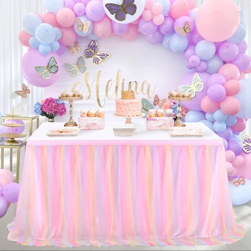 Pastel Rainbow Pink Table Skirt Ruffle Mermaid Party Tablecloth for Rectangle Table Tables or Round Tables 14ft Birthday Party Baby Shower Decorations - Image 4