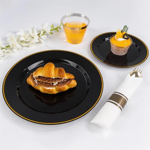 SUT 350 Pcs Black and Gold Plastic Dinnerware Set for 50 Guests, Include: 50 Dinner Plates, 50 Dessert Plates, 50 Pre Rolled Napkins With Silverware, 50 Cups, Disposable Plates for Party - Image 4