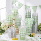 Funnymoom 50 Sets 20 oz Sage Green Gingham Plastic Cups with Lids & Straws - Image 6
