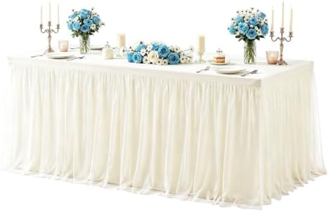 Besutolife Ivory Table Cloth Rectangle 6ft Elastic Fitted Tulle Tablecloth Stretch Spandex Rectangular Table Cover with Ruffle Skirt for Wedding Birthday Baby Shower Party Banquet Dessert Table Decor by Besutolife