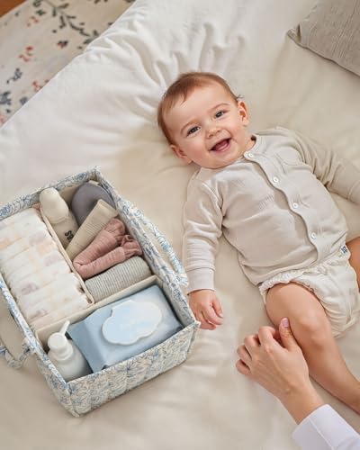 Blissful Diary Floral Diaper Caddy Organizer, Storage Basket, Blue Floral - Image 6