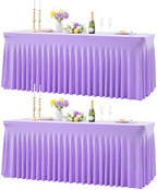 Purple Table Cloth for 6 Foot Rectangle Tables Fitted Stretch Spandex Table Cover with Skirt 6ft Baby Shower Birthday Party Banquet Ruffle Lavender Tablecloth Wedding Table Cloths Desk Skirt, 2 Pack by LittleFunny
