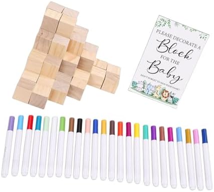 Baby Shower Game Kit Baby Shower Blocks Set Activity Kit 50 Wooden Blocks 24 Acrylic Paint Markers with Game Sign for DIY Crafts Gender Reveal Parties (Games Gift) - Image 3