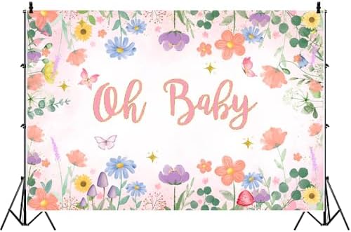 12x8FT Baby Shower Backdrop Oh Baby Sign Spring Flower Butterfly Mushroom Background for Boys Girls Kids Gender Reveal Party Decorations Family Photo Booth Props - Image 4