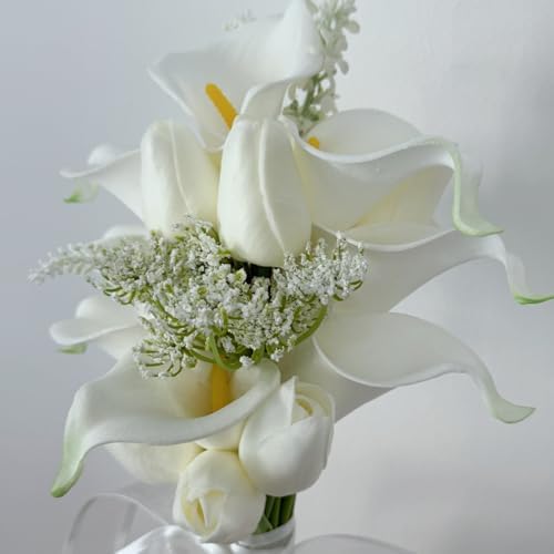 Floral Bouquet 10 Artificial Calla Lilies with 8 Artificial Tulip Flowers, Bridesmaid Bouquet with Wedding Ceremony Festivals Anniversary Bridal Rehearsal Party Bar Table Decor (White) - Image 5