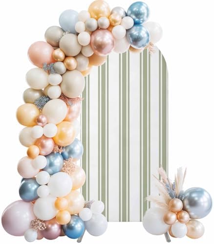 Strip Spandex Arch Backdrop Cover 6.6FT for Balloon Garland Rustic Farmhouse Strip Green Double-Sided Chiara Backdrop Stand Cover Elastic Fitted Fabric Background for Birthday Party Baby Shower Decor - Image 2