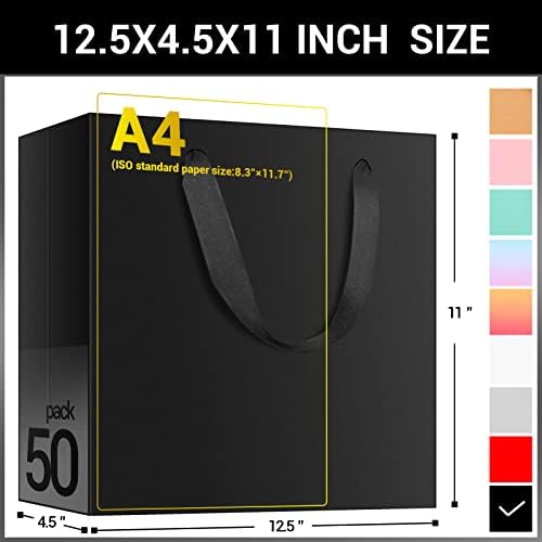 EUSOAR Large Gift Wrap Bags Bulk, 50 Pack 12.5x4.5x11 inches Black Paper Bags with Handles, Heavy Duty Totes for Wedding, Grocery, Boutique, Retail, Business, Party Favors, Baby Showers, Birthdays - Image 2