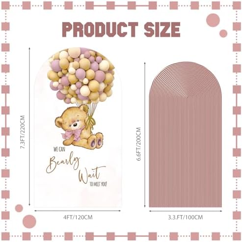 Tegeme 2 Pcs We Can Bearly Wait Backdrop Arch Covers Pink Teddy Bear Arch Covers Baby Shower Decorations 7.2 × 3.9 ft & 6.6 × 3.3 ft Stretchy Arched Wall Background for Baby Shower Party Decor Props - Image 2
