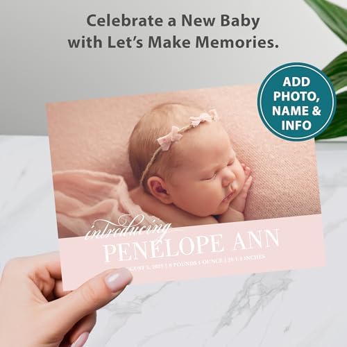 Let's Make Memories Personalized Baby Announcement Cards - Birth, Adoption - Boy, Girl - Premium Quality Custom Photo Cards for Mailing - 5x7 - Includes White Envelopes - Formal Introduction - 25 ct - Image 2