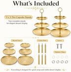 YOUNTHYE 2PCS Gold Cupcake Stand, 3 Tiered Stainless Steel Dessert Stand, Gold Cake Stand Display Trays for Wedding, Birthday, Tea Party, Holiday Dessert Table Decorations - Image 5