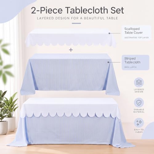 Blue Striped Tablecloth with White Scalloped Overlay Table Cover - Image 3