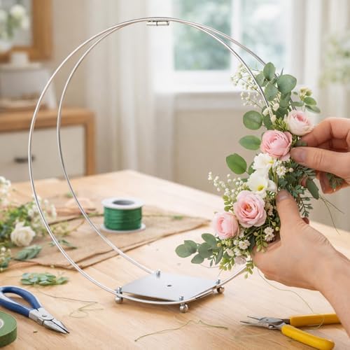 8 Pack 14 Inches Metal Double Floral Hoop Centerpieces with Stand and 38-Yard Paddle Wire Craft Centerpiece Table Decorations Wedding/Baptism/Party/Centerpiece DIY Metal Ring Table Décor, Silver - Image 3