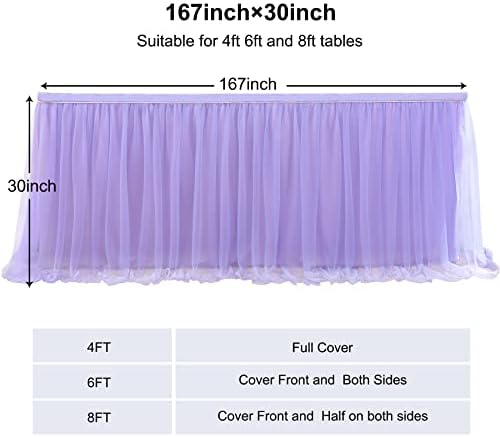 167in Lavender Tulle Table Skirts for Rectangle Tables 6/8ft, 2-Layer Gold Grim Lilac Purple Ruffle Tulle Tutu Cloth Table Skirt 14ft for Mermaid Birthday Party Baby Shower Dessert(No Table Cover) - Image 6
