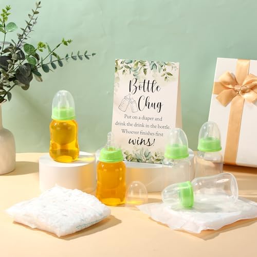 12 Set Bottle Chug Baby Shower Games Favors Funny Diaper Change Game Including Plastic Baby Bottles Chug Disposable Diapers Themed Sign for Gender Reveal Party Supplies(Green,Greenery) - Image 5