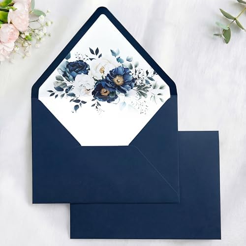 PONATIA 50 PCS/Pack A7 Envelopes, Navy Blue Euro Flap Liner 5x7 Envelopes by ponatia