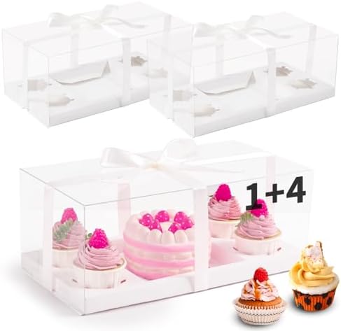 JCD 9 Pcs Clear Cupcake Boxes Combo,Cakes and Cupcakes Box 1+4 Bento Box Clear Bento Cakes Boxes Fit 4 Cupcake and 1 Mini Cake for Valentine Wedding Birthday(1+4/9Pcs) by JCD