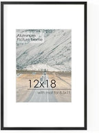12x18 Metal Picture Frame for Wall With Mat for 8.5x11, 12''x18'' Aluminum Photo Frames With Tempered Glass for Home Decor, Minimalist Modern Poster Frame Horizontal And Vertical Formats, Black by FLYJOE