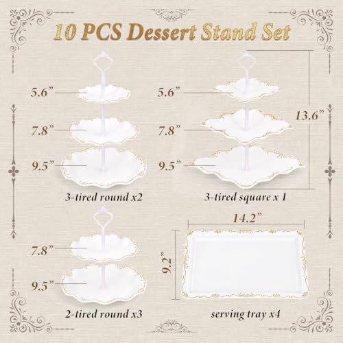 10 Pcs Cupcake Stand,Dessert Table Display Set with Gold Rim,3 x Three-Tier and 3 x Two-Tier Cake Stands,4 x Appetizer Serving Trays for Birthday, Wedding, Baby Shower,Tea Party (White) - Image 2