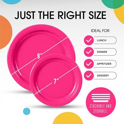 Party Solids Exquisite Hot Pink Mixed Paper Plates - 7" & 9", 200 Pack (100 each), 350 GSM - Image 3