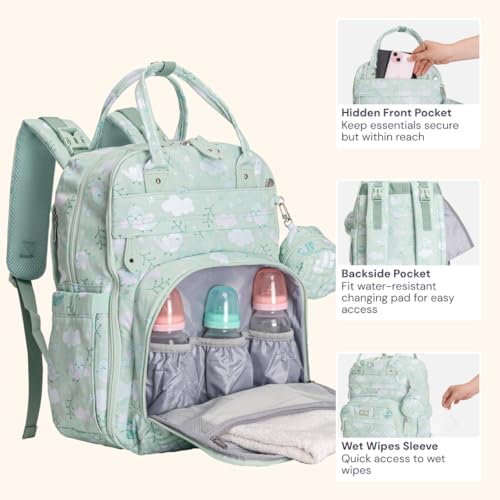 BabbleRoo Diaper Bag Backpack - Baby Essentials Travel Tote - Multi Function Water Resistant Diaper Bag, Travel Essentials Baby Bag with Changing Pad, Stroller Straps & Pacifier Case - Green Birdy - Image 5