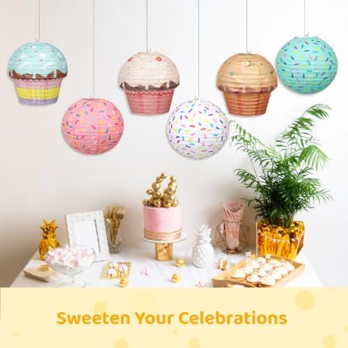 12 Inch 6 Pcs Donut Paper Lanterns, Hanging Cake Paper Lanterns for Party Decorations, Cupcake Ice Cream Ornaments for Birthday Party, Baby Shower, Celebration, Anniversary - Image 2