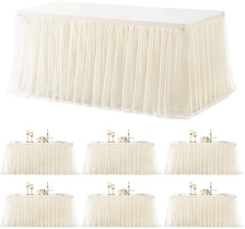 6 Pack Champagne Table Cloth for 8 Foot Rectangle Tables, Stretch Fitted Tulle Table Covers Skirt, Rectangular Ruffle Tutu Tablecloth Wedding Banquet Baby Shower Cake Tablecloths Decorations by Tao-GePartyDecorations