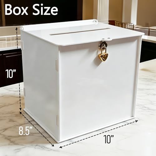 White Acrylic Card Box with Gold Heart Lock, Modern DIY Blank Wedding Card Boxes for Reception Monetary Gifts, Customizable Envelope Box for Party Graduation Bridal Baby Shower All Occasion - Image 2